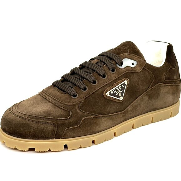 PRADA Mens Trail Triangle Logo Suede Lace Up Low Top Sneakers Shoes Moro - Picture 5 of 15